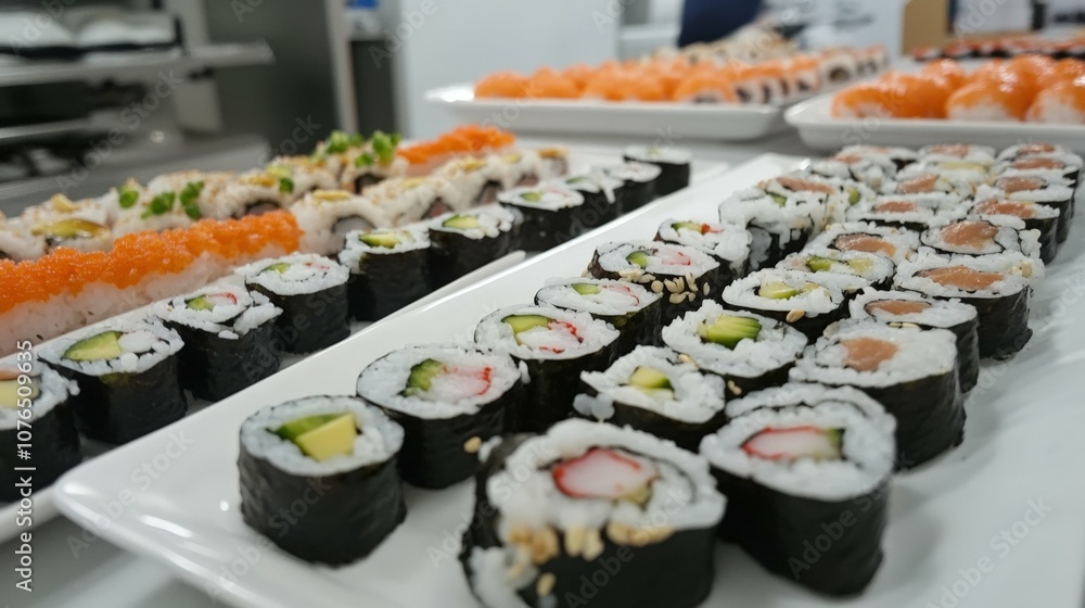 table with plates of sushi rolls, delicate garnish, table with plates of sushi rolls, delicate garnish,