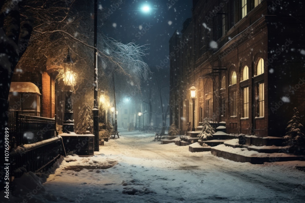 A snowy night illuminated blizzard outdoors. A snowy night illuminated blizzard outdoors.