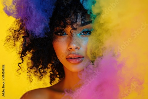 A woman surrounded by vibrant smoke clouds in her hair, a unique and creative image