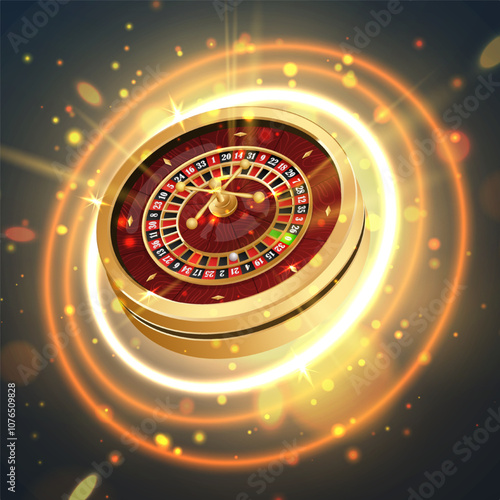 Golden casino roulette wheel on black background with golden circles light, rays, glare, sparkles. Vector illustration for casino, game design, advertising