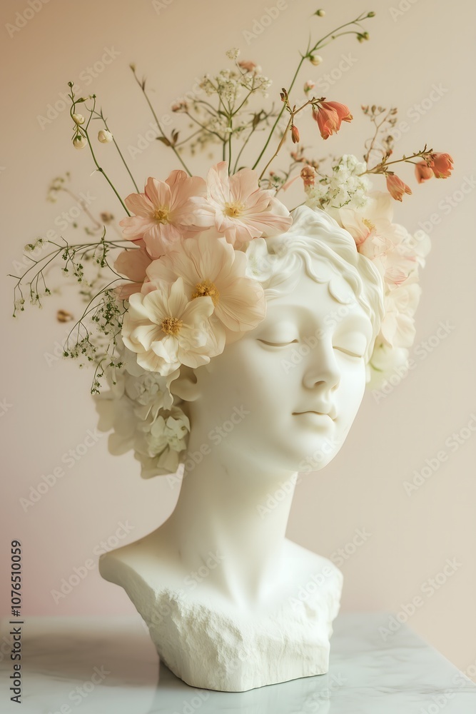 Bust of a woman with a flower crown on a soft pink background