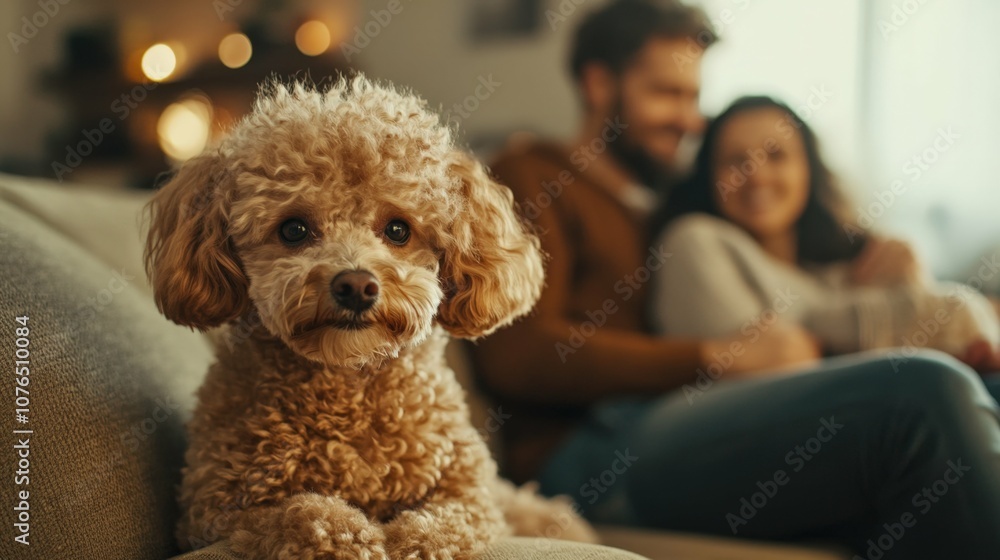 Miniature poodle on sofa, family embracing in background, cozy living room setting with warm indoor light, Miniature poodle on sofa, family embracing in background, cozy living room setting with warm indoor light,