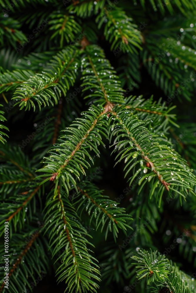 A close-up shot of a pine tree with droplets of water on its needles A close-up shot of a pine tree with droplets of water on its needles