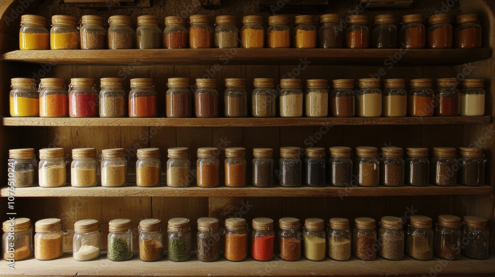 Bright Kitchen Shelves with Spices and Herbs Bright Kitchen Shelves with Spices and Herbs