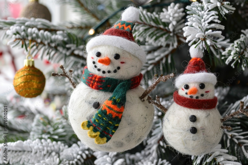 A festive scene with two snowmen hanging from a decorated Christmas tree A festive scene with two snowmen hanging from a decorated Christmas tree