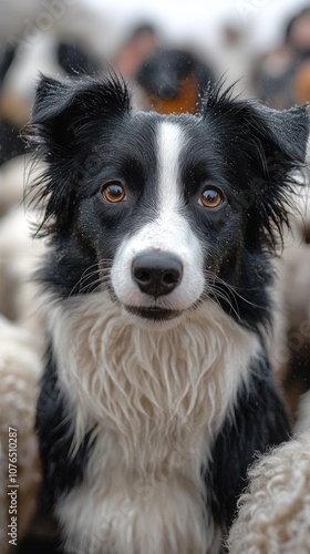 A black and white border collie stares intently at the camera with a herd of sheep behind it.