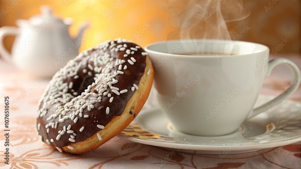 A steaming white cup of coffee paired with a chocolate-glazed donut topped with white sprinkles. The warm, inviting scene on a pastel tablecloth evokes comfort and indulgence for a perfect snack. A steaming white cup of coffee paired with a chocolate-glazed donut topped with white sprinkles. The warm, inviting scene on a pastel tablecloth evokes comfort and indulgence for a perfect snack.