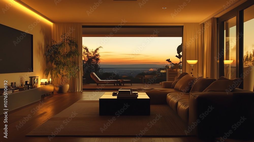 A modern living room with a large sectional couch and a view of the ocean and sunset through large windows. A modern living room with a large sectional couch and a view of the ocean and sunset through large windows.