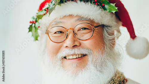 A close-up portrait of Santa Claus, his face adorned with a white beard and rosy cheeks, wearing the traditional hat with holly leaves on it, smiling warmly at the camera. The background is pure white photo