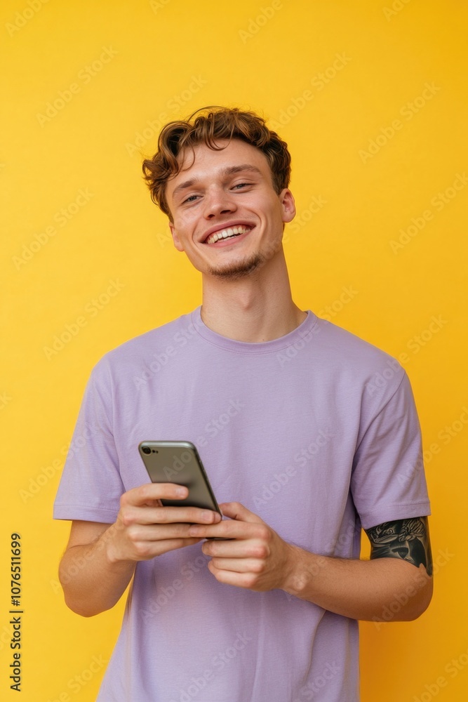 A person smiling while looking at their mobile device A person smiling while looking at their mobile device