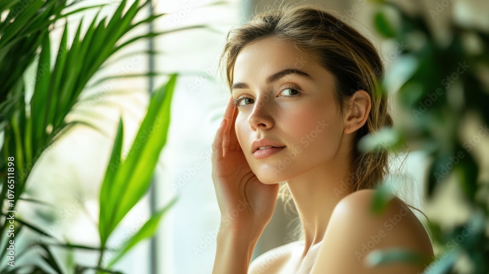 Tanned woman looking in the mirror, gently touching her face, home setting with indoor plants, soft lighting, mirror reflection Tanned woman looking in the mirror, gently touching her face, home setting with indoor plants, soft lighting, mirror reflection