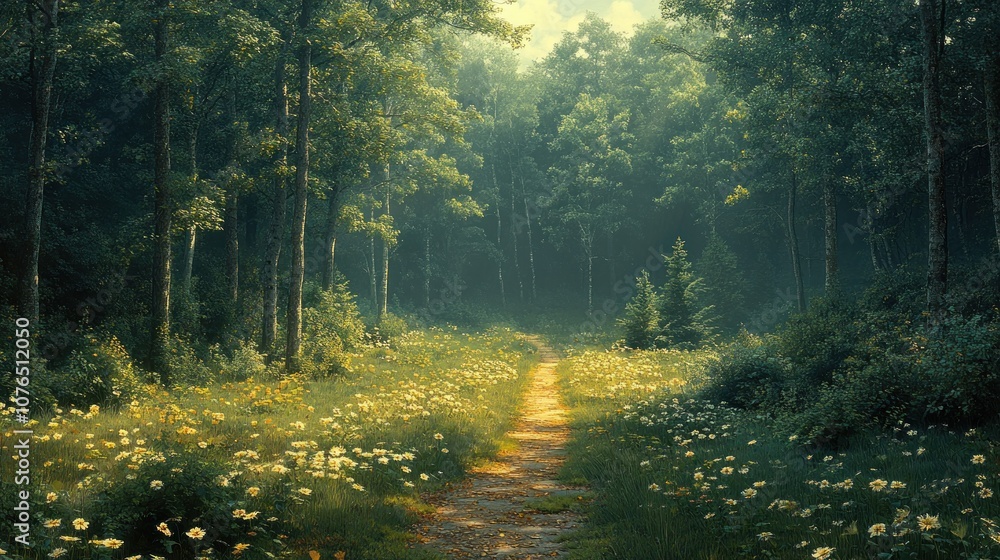 Serene forest path surrounded by lush greenery and wildflowers. Serene forest path surrounded by lush greenery and wildflowers.