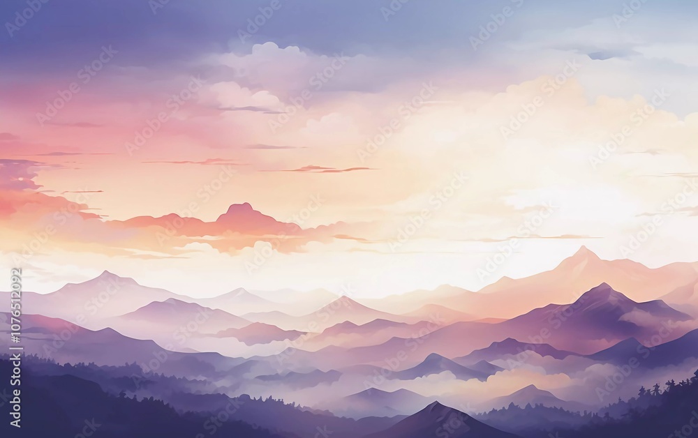 A serene mountain landscape at sunrise, showcasing soft colors and layered peaks. A serene mountain landscape at sunrise, showcasing soft colors and layered peaks.