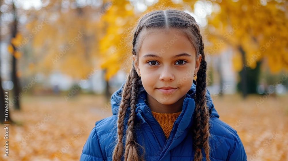 Teen girl with braids and a blue jacket, standing in a park during autumn, fallen leaves on the ground, Teen girl with braids and a blue jacket, standing in a park during autumn, fallen leaves on the ground,