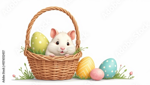 Easter Basket with humster and colorful easter eggs on white background. Easter card,  background. Idea for greeting card, veterinariaan advertising, pets shop, pets store photo