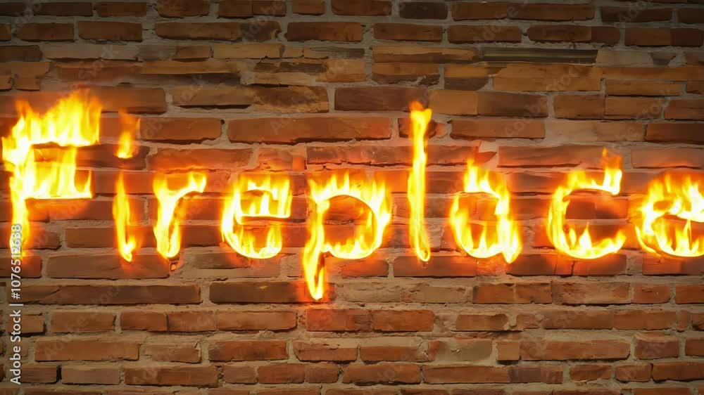 Camera movement and zoom out effect with practical light establishing scene of fireplace on brick texture background with flame-like movements Camera movement and zoom out effect with practical light establishing scene of fireplace on brick texture background with flame-like movements