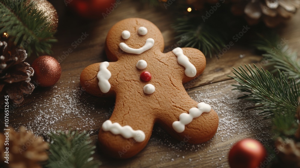 Gingerbread cookie decorated with icing on a festive table setting Gingerbread cookie decorated with icing on a festive table setting