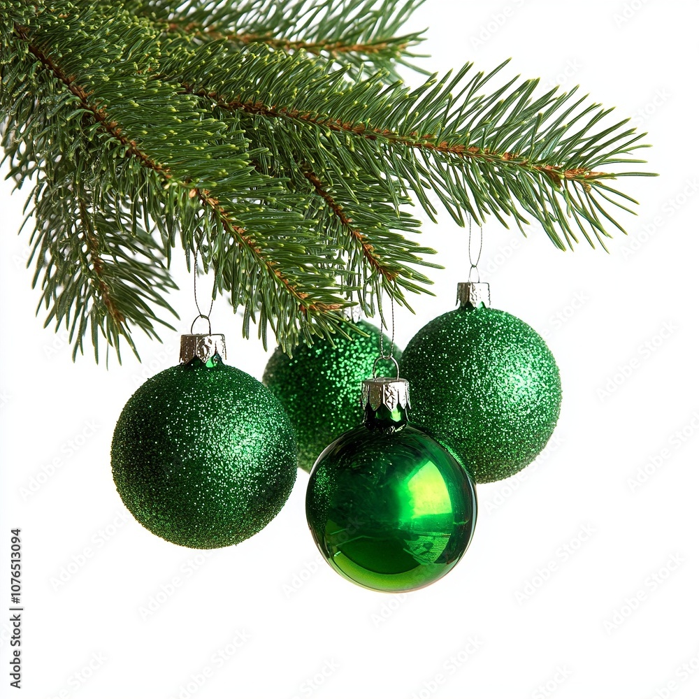 green Christmas ornaments hanging on a pine tree branch, green Christmas ornaments hanging on a pine tree branch,
