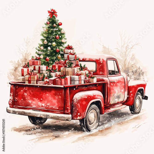 Watercolor winter cartoon illustration with hand painted Christmas red pick up truck with presents and snowy pine trees, isolated on white background Holiday merry christmas card and invitation design