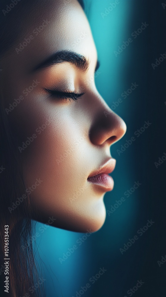 Fototapeta premium Young Woman with Closed Eyes in Calm Reflection and Serene Atmosphere