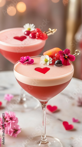 Two beautifully garnished cocktails featuring vibrant flowers and heart decorations, ideal for a special occasion