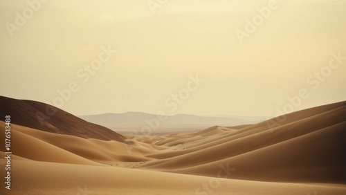 A serene desert landscape featuring smooth sand dunes under soft golden light, creating a tranquil and dreamy atmosphere