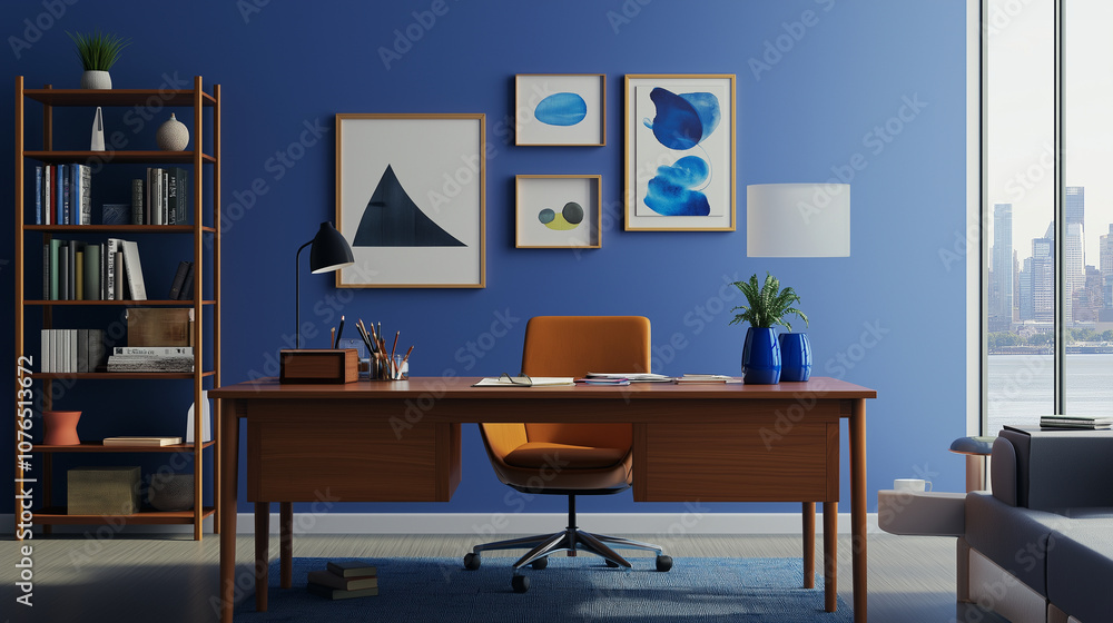 Home office with a minimalist design featuring a sleek desk, comfortable chair, and stylish storage solutions Home office with a minimalist design featuring a sleek desk, comfortable chair, and stylish storage solutions