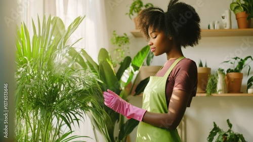 black woman in a bright green apron and pink gloves dusting a shelf, indoor plant and decor in background, natural light,