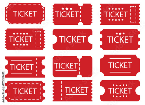 Red simple ticket icons. Vector image isolated on white background. Event Ticket Icon Ideal for Concerts and Admission. 