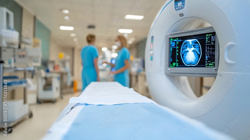 A CT scan machine in a hospital room with a brain scan displayed on the monitor. A CT scan machine in a hospital room with a brain scan displayed on the monitor.