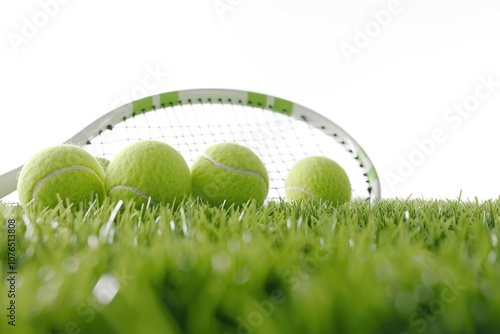 A tennis racket and four tennis balls lying on the grass, ideal for outdoor or sports-themed illustrations