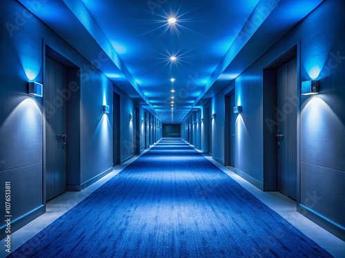 Night Photography of an Empty Hotel Corridor Featuring Luxurious Blue Carpet and Dim Lighting, Evoking a Sense of Mystery and Tranquility for Elegant Interior Spaces