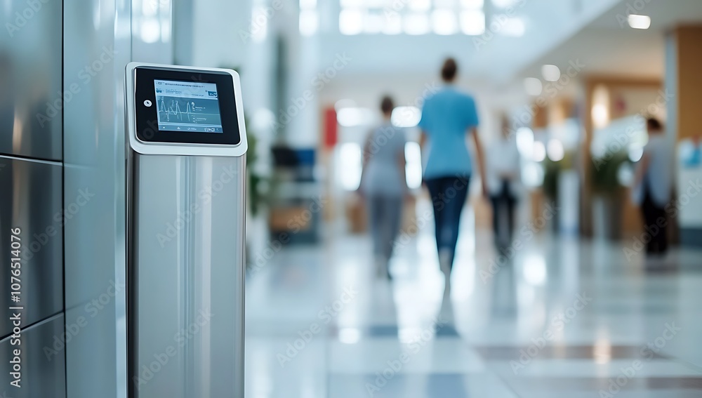 A digital screen displaying information in a modern hallway with people walking in the background. A digital screen displaying information in a modern hallway with people walking in the background.
