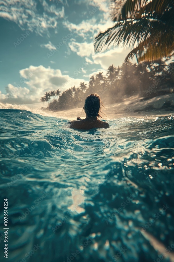A person swimming in the ocean with a palm tree visible in the background A person swimming in the ocean with a palm tree visible in the background