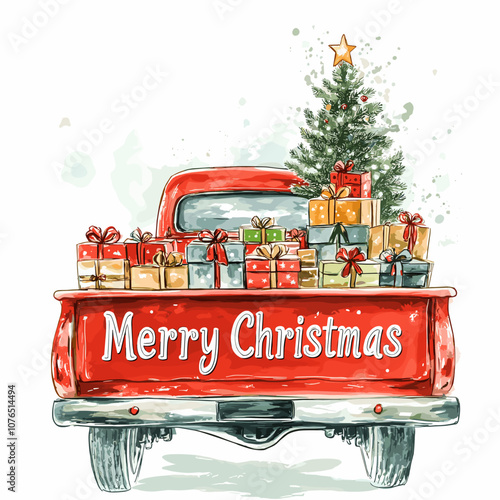 Watercolor winter cartoon illustration with hand painted Christmas red pick up truck with presents and snowy pine trees, isolated on white background Holiday merry christmas card and invitation design