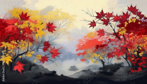 Red and yellow autumn leaves swaying in the wind. Oriental painting.