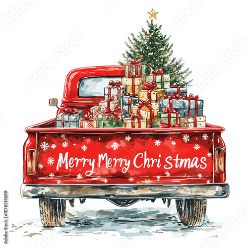 Watercolor winter cartoon illustration with hand painted Christmas red pick up truck with presents and snowy pine trees, isolated on white background Holiday merry christmas card and invitation design