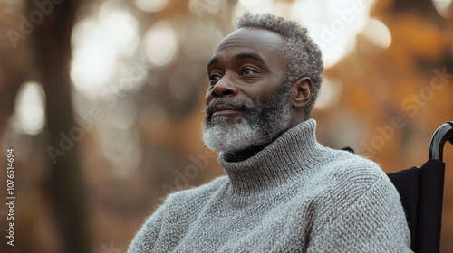 Black man with gray hair and beard in a gray sweater sitting in a wheelchair against a nature background, daylight photo