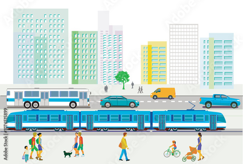 Stadtübersicht mit Verkehr und Häusern, Illustration.eps