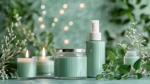 Serene Green Spa Essentials with Candles and Botanicals