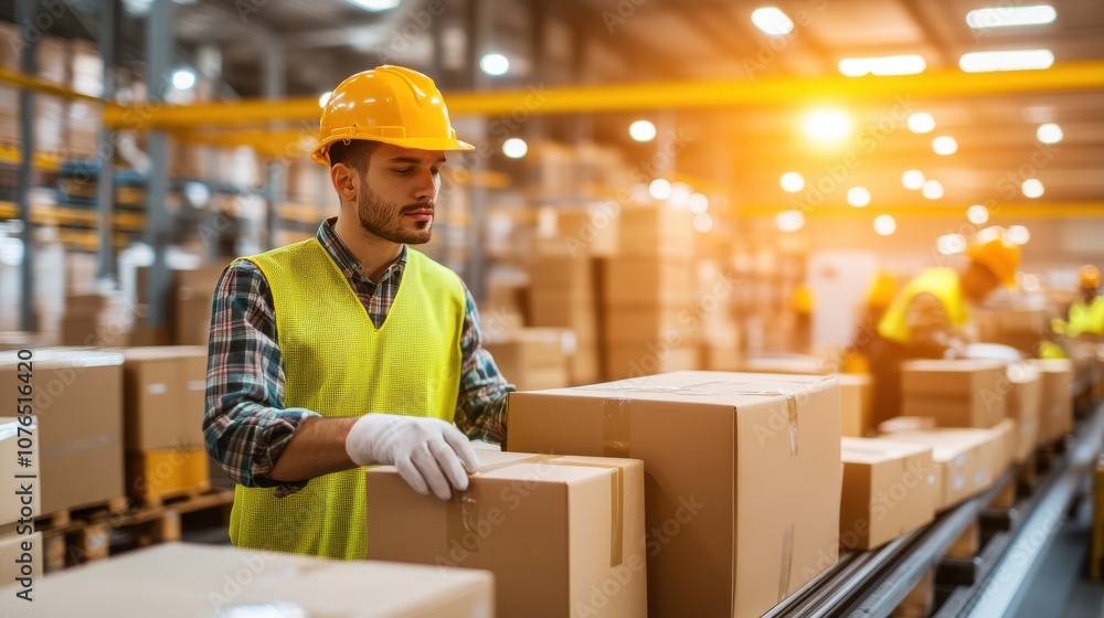 Warehouse Workers Sorting Packages on Conveyor Belts Warehouse Workers Sorting Packages on Conveyor Belts