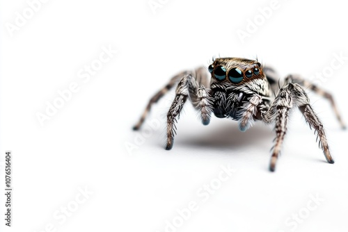 A detailed view of a spider's body and legs on a white background