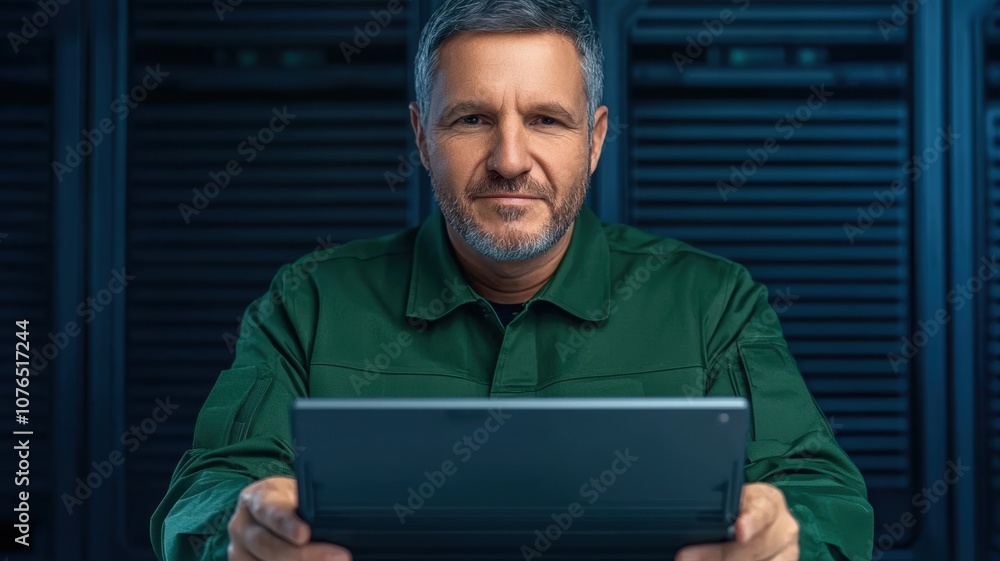 A focused professional in a green jacket holds a tablet in a modern, tech-filled environment, exuding confidence and expertise. A focused professional in a green jacket holds a tablet in a modern, tech-filled environment, exuding confidence and expertise.