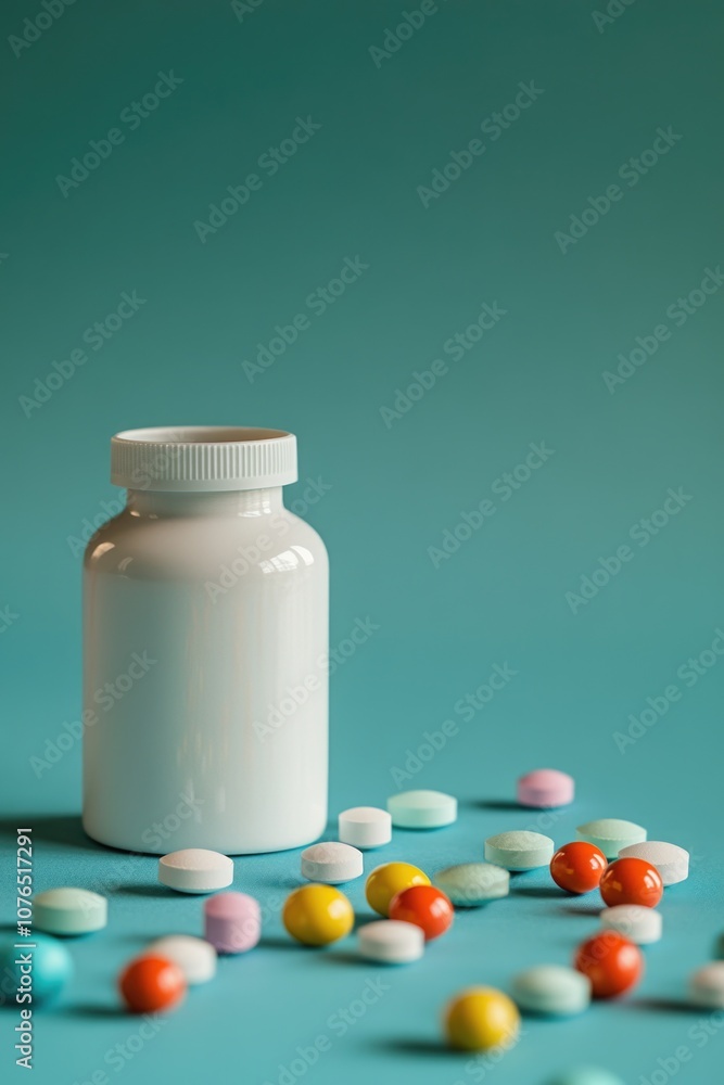 A single bottle of pills sitting on a blue surface