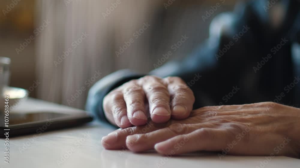an elderly man sitting alone at a table waiting for a phone to ring, the pensioner's hands are on the table next to a phone and a cup of coffee, the emotions of old people an elderly man sitting alone at a table waiting for a phone to ring, the pensioner's hands are on the table next to a phone and a cup of coffee, the emotions of old people