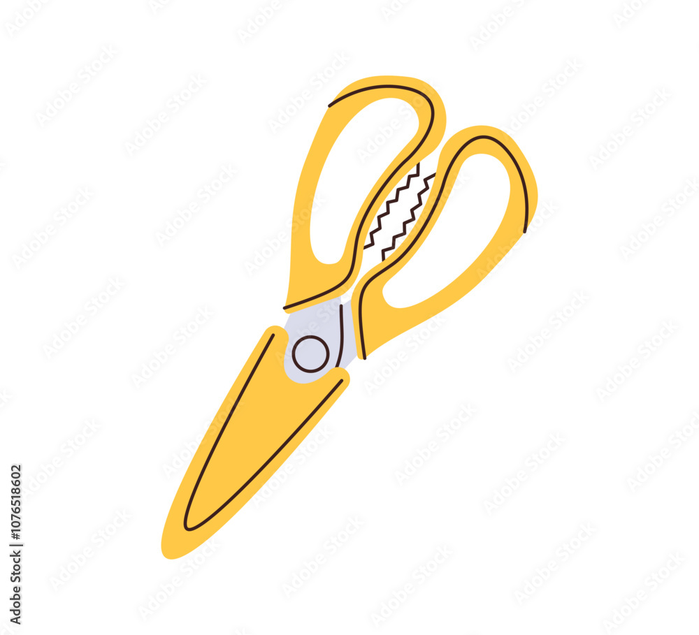 Simple yellow kitchen scissors in case isolated on white background. Concept of cooking utensil, tool. Hand drawing vector flat illustration Simple yellow kitchen scissors in case isolated on white background. Concept of cooking utensil, tool. Hand drawing vector flat illustration