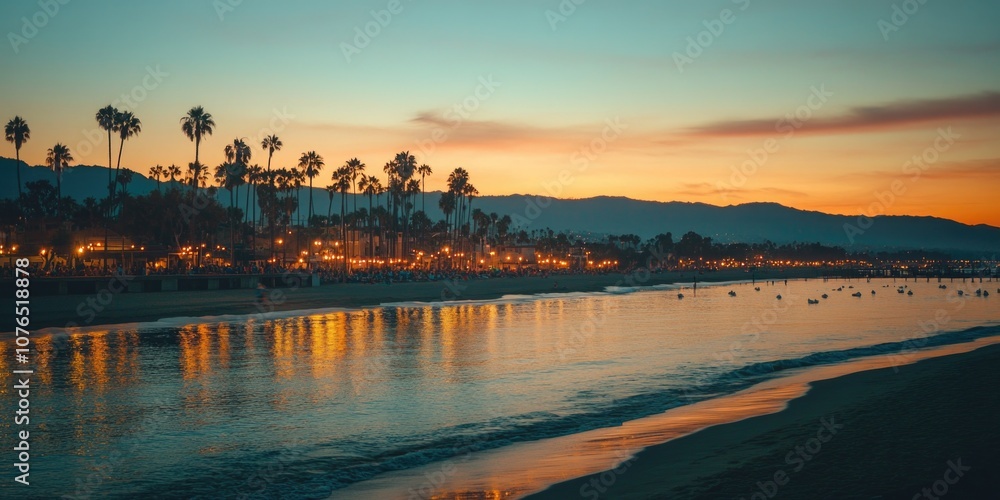 Fototapeta premium Nighttime beach scene with palm trees and water reflections