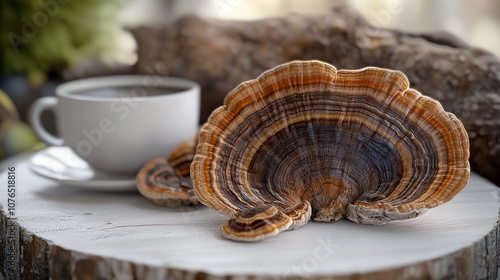 Close-up of organic turkey tail mushrooms with detailed striations and vibrant colors, set on a white background.