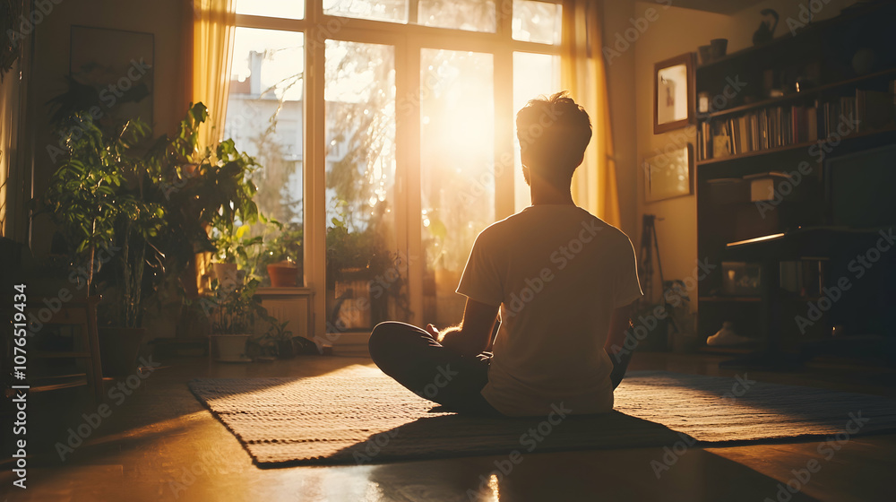 Man practicing relaxation exercises in a bright, peaceful home setting. 4k image Man practicing relaxation exercises in a bright, peaceful home setting. 4k image