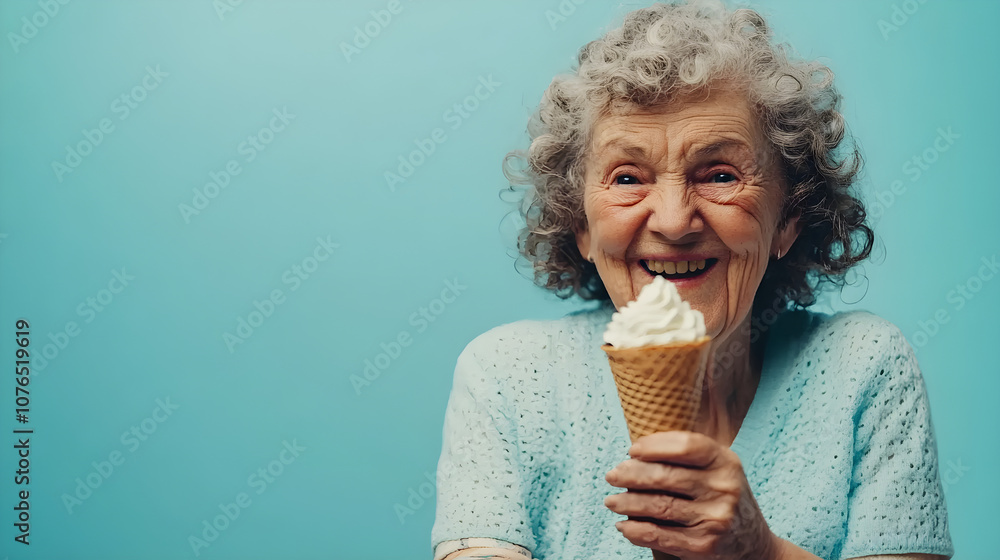 A friendly portrait of an elderly woman enjoying an ice cream cone, smiling joyfully against a bright blue background A friendly portrait of an elderly woman enjoying an ice cream cone, smiling joyfully against a bright blue background